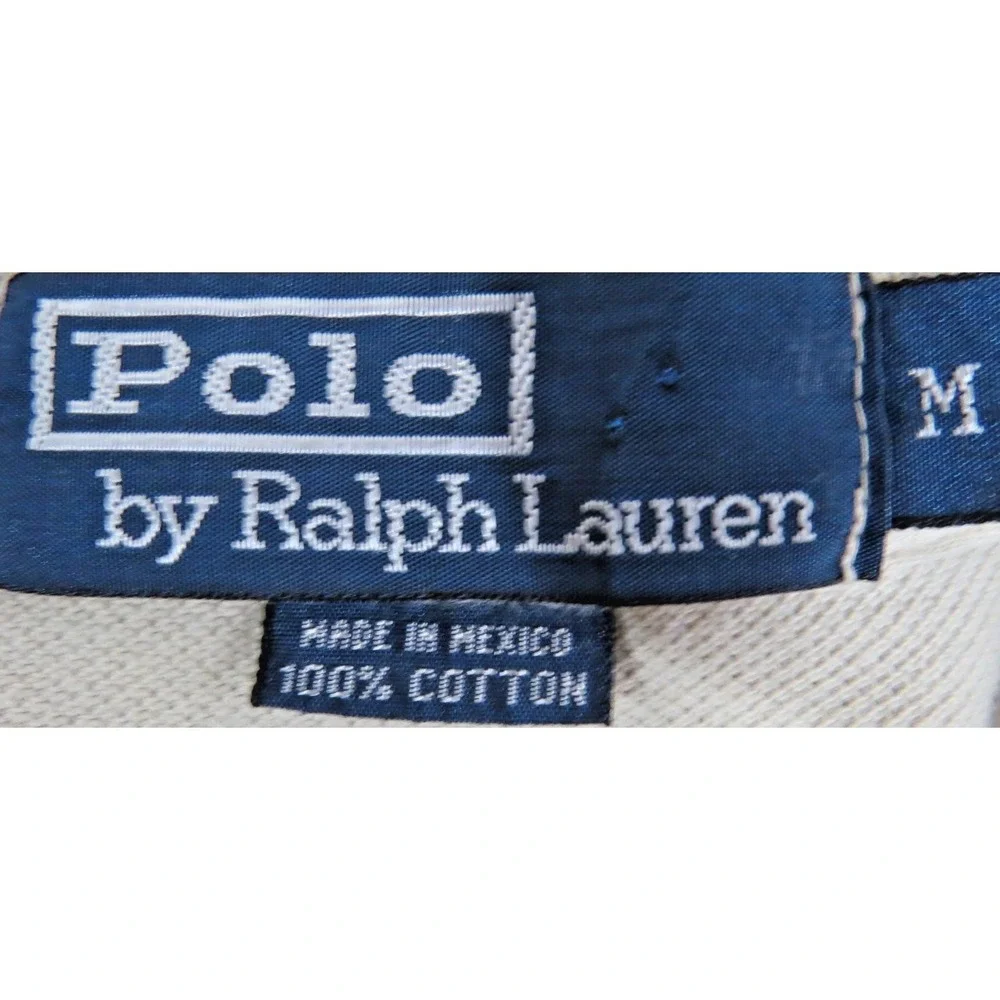 Polo Ralph Lauren Polo Shirt Men's M Cream Blue Pony High Low Slit Performance